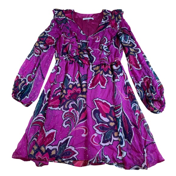 Trina Turk Dresses & Skirts - Trina Turk Pink Floral Silk Saka Dress  Metallic Ruffle Mini Long Sleeve Size L